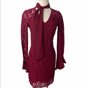Adelyn rae red lace bodycon dress tie neck sz- XS